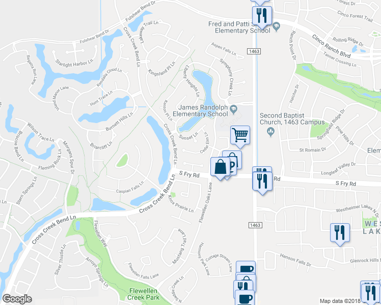 map of restaurants, bars, coffee shops, grocery stores, and more near 5535 Cedar Elm Lane in Katy