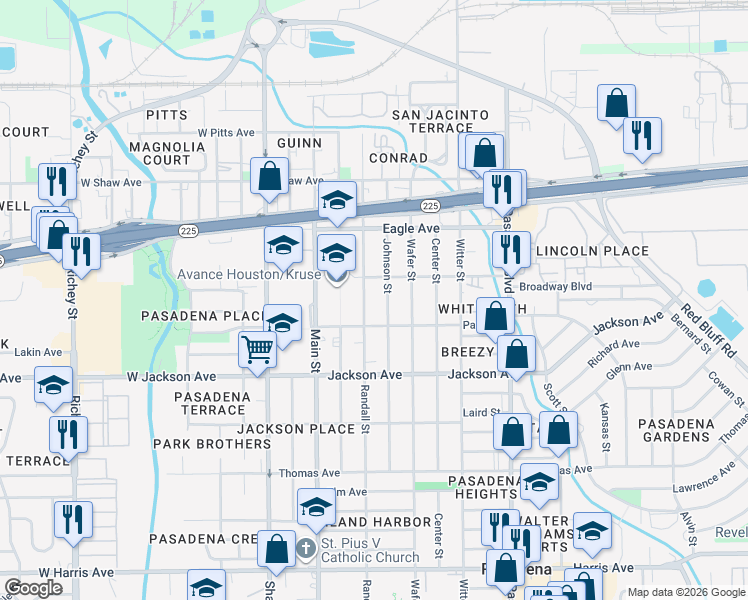 map of restaurants, bars, coffee shops, grocery stores, and more near 322 Johnson Street in Pasadena
