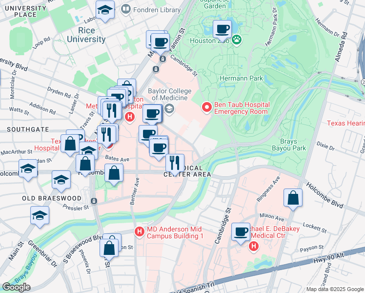 map of restaurants, bars, coffee shops, grocery stores, and more near 6565 MD Anderson Boulevard in Houston