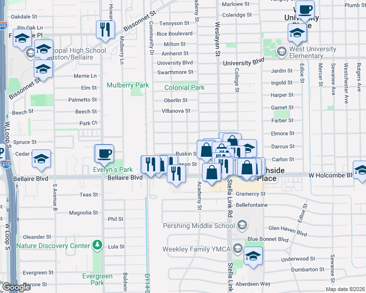 map of restaurants, bars, coffee shops, grocery stores, and more near 4115 Ruskin Street in Houston