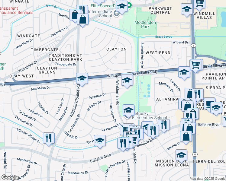 map of restaurants, bars, coffee shops, grocery stores, and more near 6406 Winkleman Road in Houston