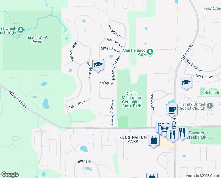 map of restaurants, bars, coffee shops, grocery stores, and more near 5128 Northwest 58 Court in Gainesville