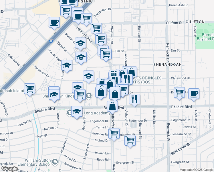 map of restaurants, bars, coffee shops, grocery stores, and more near 6601 Dunlap Street in Houston