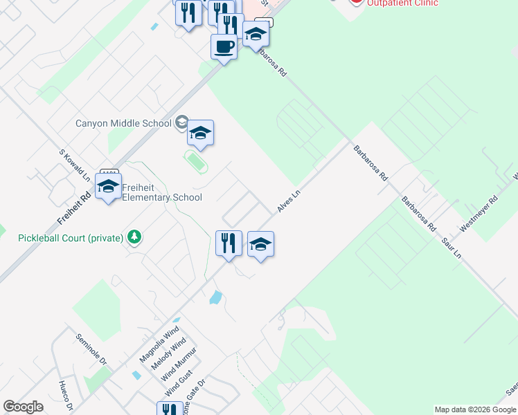 map of restaurants, bars, coffee shops, grocery stores, and more near 514 Creekside Circle in New Braunfels