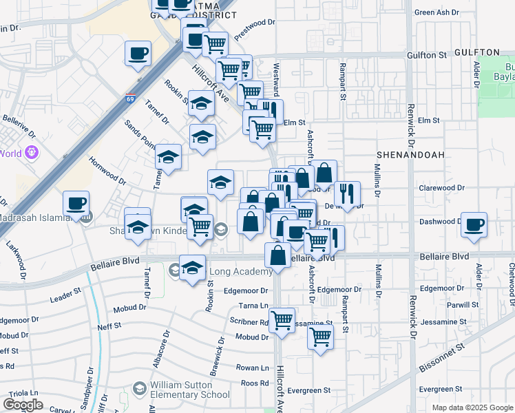 map of restaurants, bars, coffee shops, grocery stores, and more near 6724 Hillcroft Street in Houston