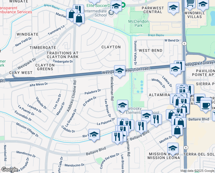 map of restaurants, bars, coffee shops, grocery stores, and more near 6406 Winkleman Road in Houston