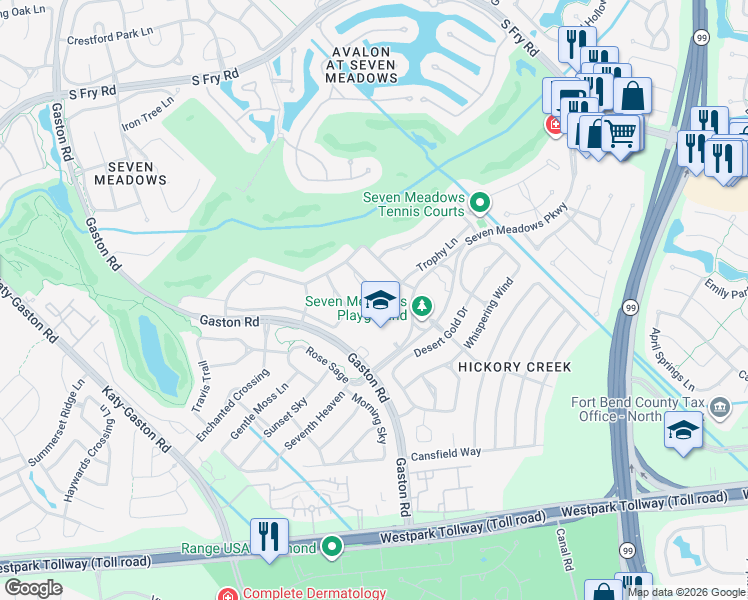 map of restaurants, bars, coffee shops, grocery stores, and more near 7303 Starry Night in Katy