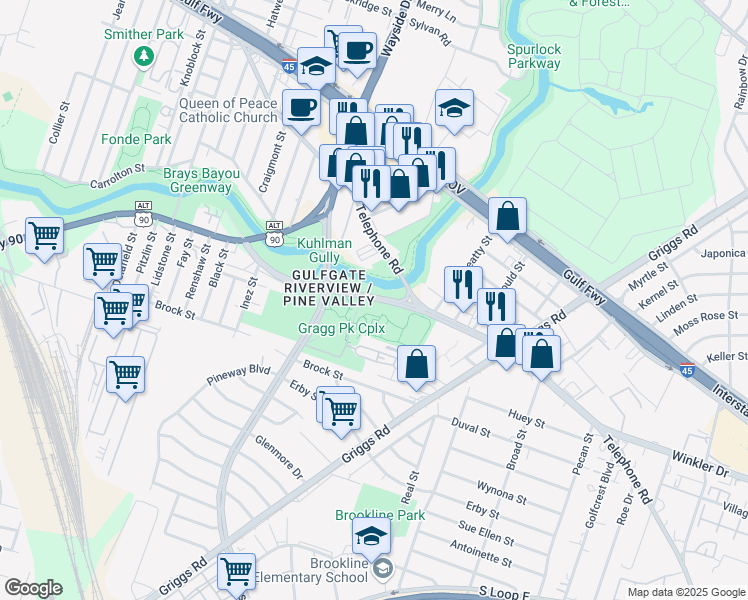 map of restaurants, bars, coffee shops, grocery stores, and more near 6200 Wheeler Street in Houston