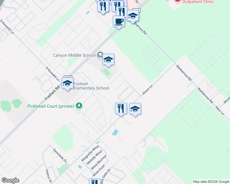 map of restaurants, bars, coffee shops, grocery stores, and more near 402 Creekside Curve in New Braunfels