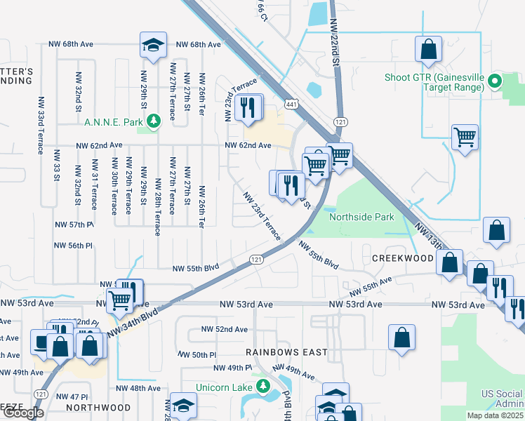 map of restaurants, bars, coffee shops, grocery stores, and more near 5905 Northwest 23rd Terrace in Gainesville