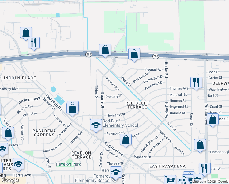 map of restaurants, bars, coffee shops, grocery stores, and more near 221 Alastair Avenue in Pasadena