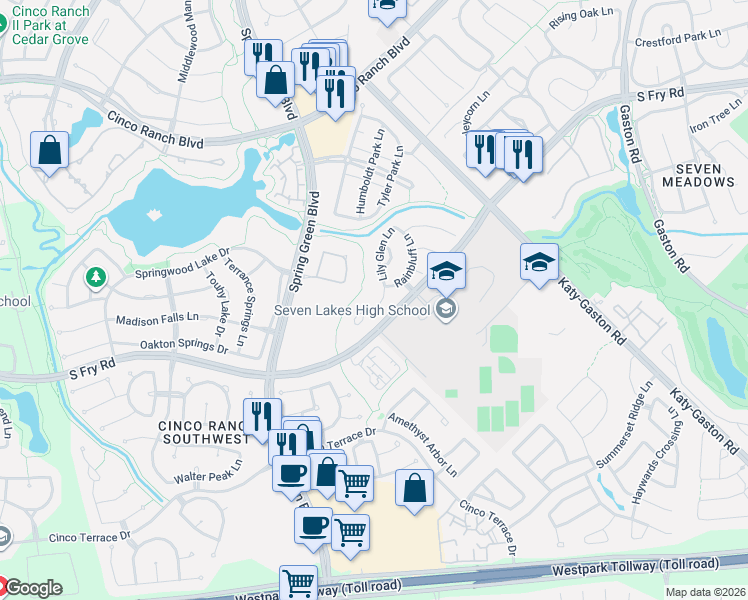 map of restaurants, bars, coffee shops, grocery stores, and more near 9402 Lily Glen Lane in Katy