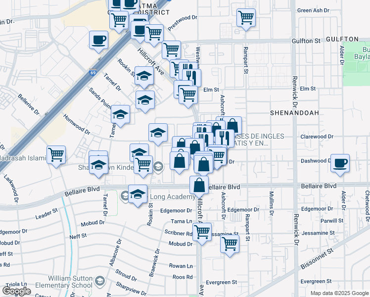 map of restaurants, bars, coffee shops, grocery stores, and more near 6601 Dunlap Street in Houston