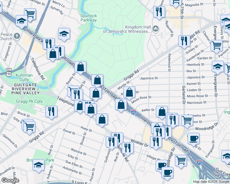 map of restaurants, bars, coffee shops, grocery stores, and more near 6427 Myrtle Street in Houston
