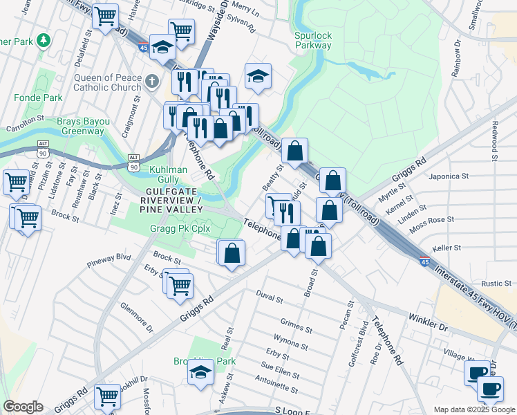 map of restaurants, bars, coffee shops, grocery stores, and more near 2704 Beatty Street in Houston