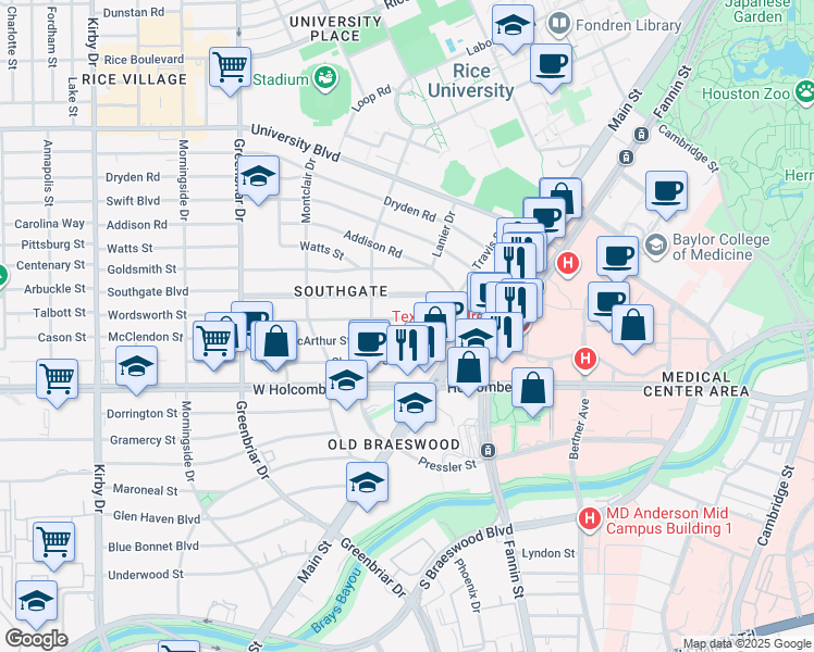 map of restaurants, bars, coffee shops, grocery stores, and more near 2035 Southgate Boulevard in Houston