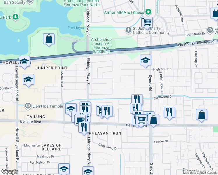 map of restaurants, bars, coffee shops, grocery stores, and more near 6422 Pouter Drive in Houston