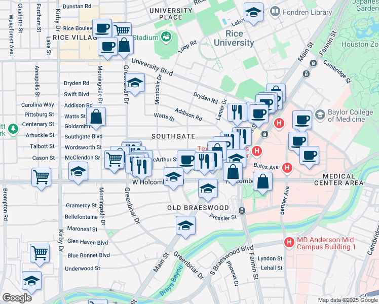 map of restaurants, bars, coffee shops, grocery stores, and more near 2103 Southgate Boulevard in Houston