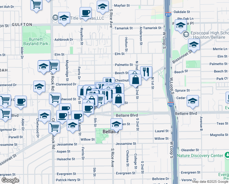 map of restaurants, bars, coffee shops, grocery stores, and more near 5006 Locust Street in Bellaire