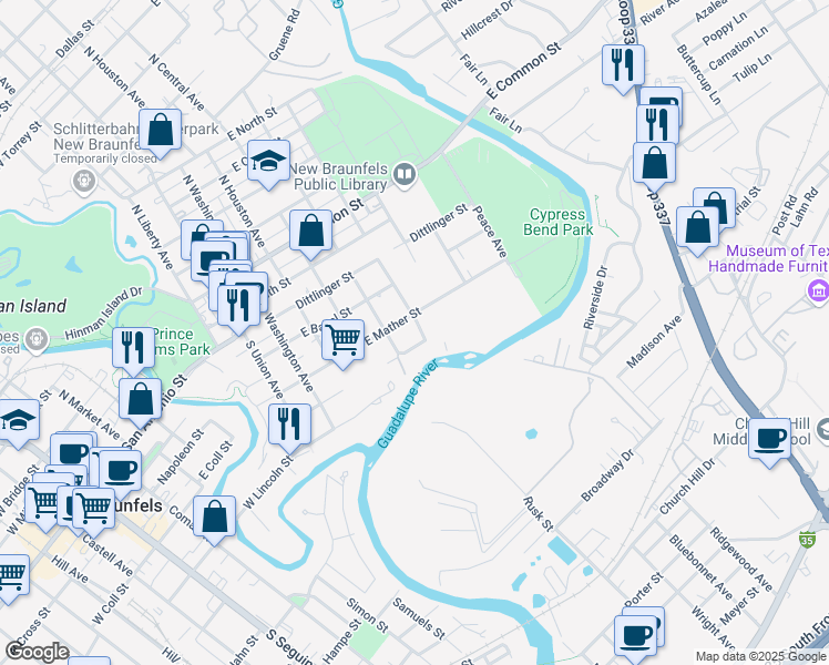 map of restaurants, bars, coffee shops, grocery stores, and more near 611 East Mather Street in New Braunfels