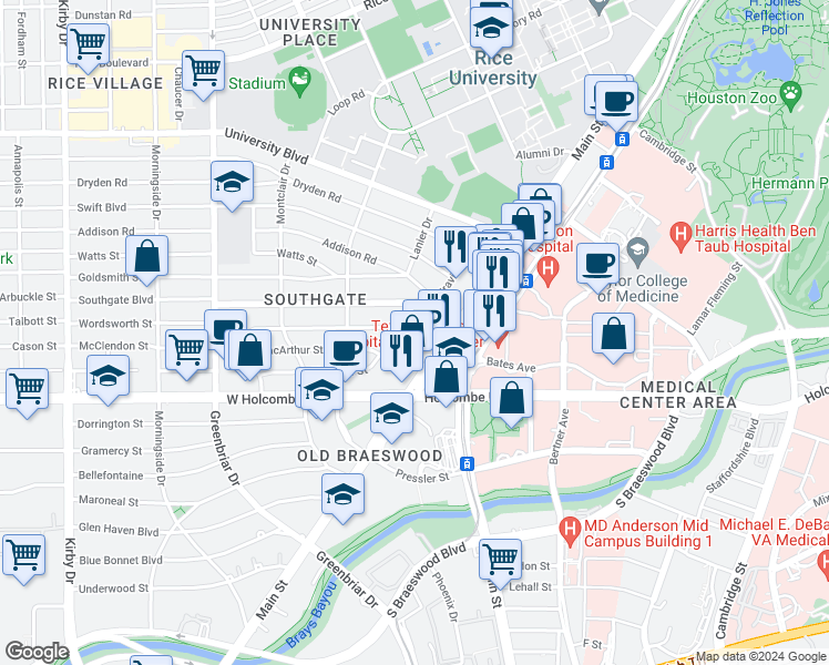 map of restaurants, bars, coffee shops, grocery stores, and more near McClendon St & Travis St in Houston
