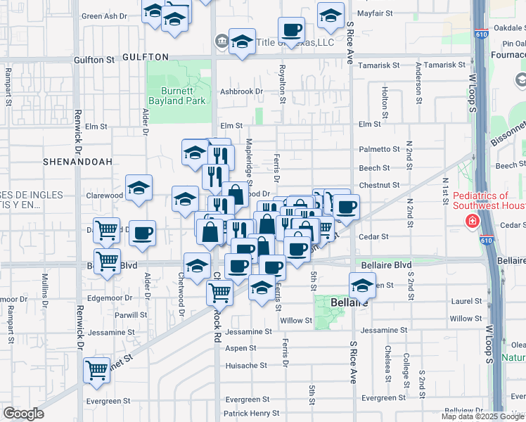 map of restaurants, bars, coffee shops, grocery stores, and more near 6638 Clarewood Drive in Houston