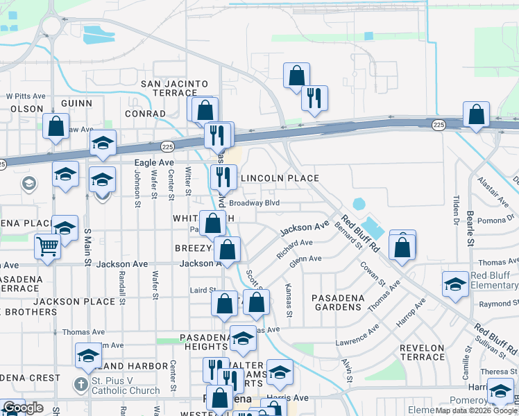 map of restaurants, bars, coffee shops, grocery stores, and more near 1201 Bernard Street in Pasadena