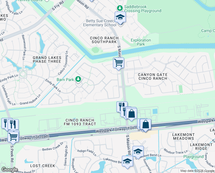 map of restaurants, bars, coffee shops, grocery stores, and more near 20819 Cottage Cove Lane in Katy