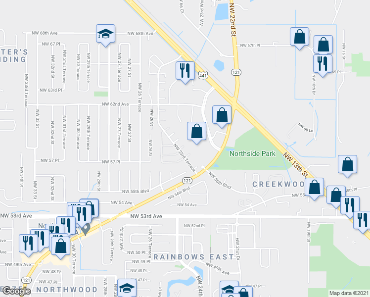 map of restaurants, bars, coffee shops, grocery stores, and more near 5905 Northwest 23rd Terrace in Gainesville