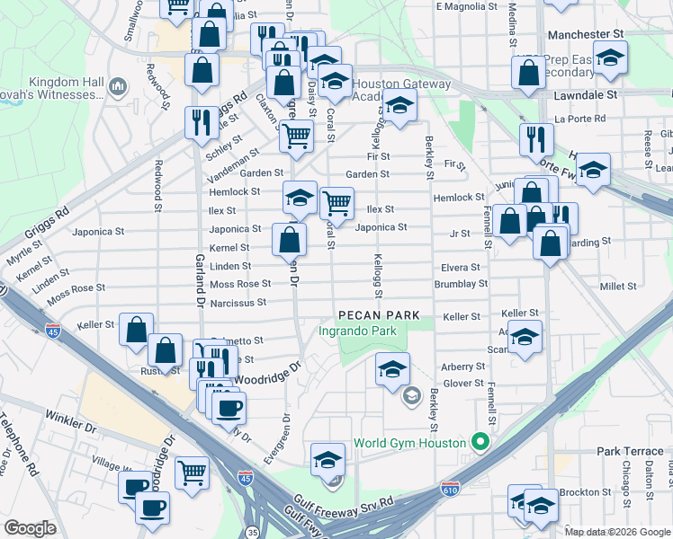 map of restaurants, bars, coffee shops, grocery stores, and more near 7309 Linden Street in Houston