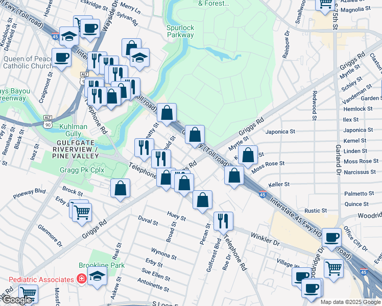 map of restaurants, bars, coffee shops, grocery stores, and more near 6432 Gulf Freeway in Houston