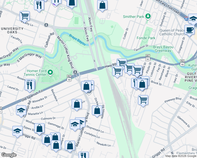 map of restaurants, bars, coffee shops, grocery stores, and more near 5131 Winnetka Street in Houston