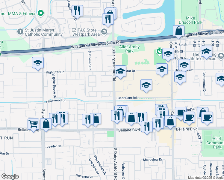 map of restaurants, bars, coffee shops, grocery stores, and more near 12723 High Cotton Lane in Houston