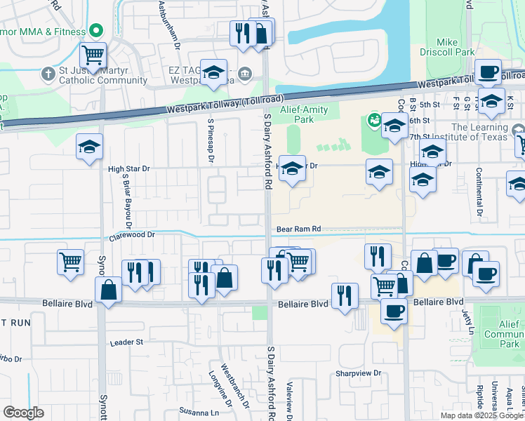map of restaurants, bars, coffee shops, grocery stores, and more near 12723 High Cotton Lane in Houston
