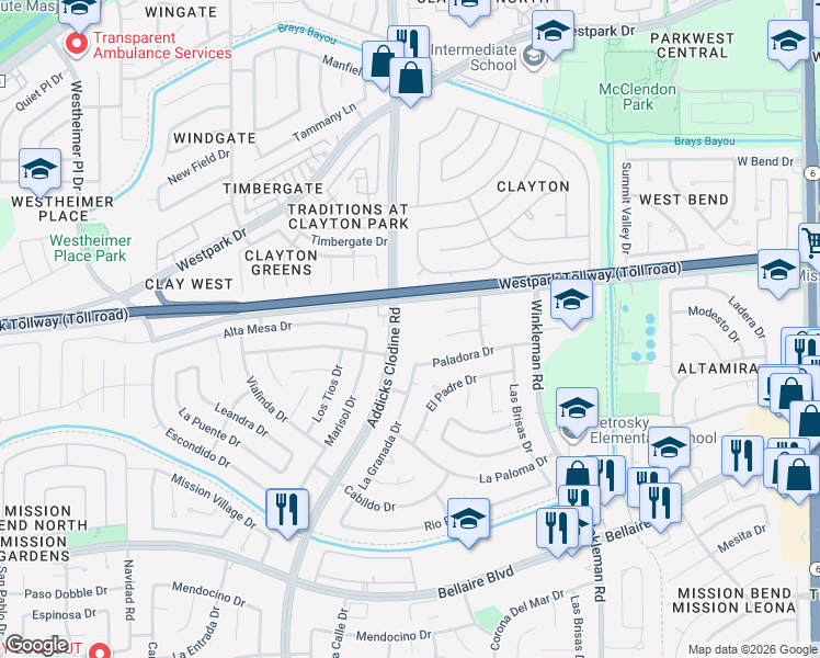 map of restaurants, bars, coffee shops, grocery stores, and more near 6403 Addicks Clodine Road in Houston