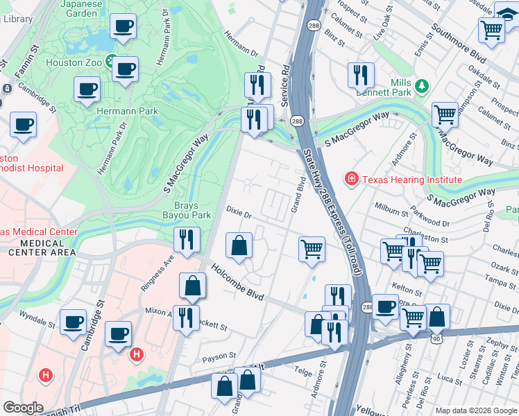 map of restaurants, bars, coffee shops, grocery stores, and more near 6310 Hermann Lake Drive in Houston