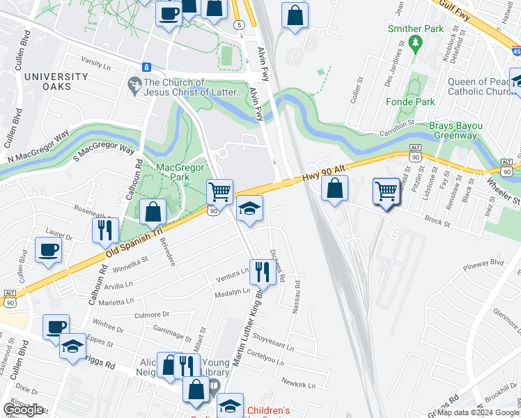 map of restaurants, bars, coffee shops, grocery stores, and more near 5103 Winnetka St in Houston