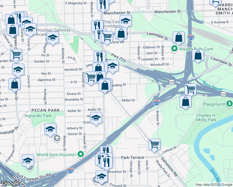 map of restaurants, bars, coffee shops, grocery stores, and more near 8111 Bangle Street in Houston