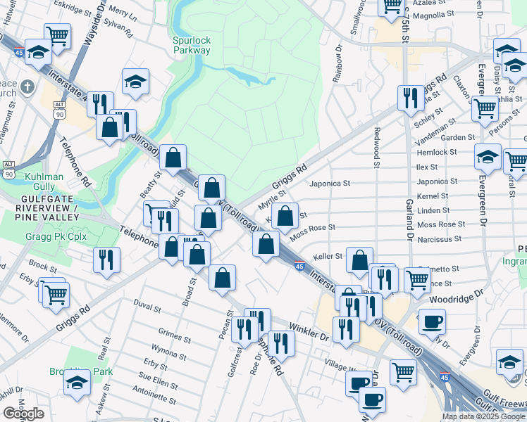 map of restaurants, bars, coffee shops, grocery stores, and more near 6427 Myrtle Street in Houston