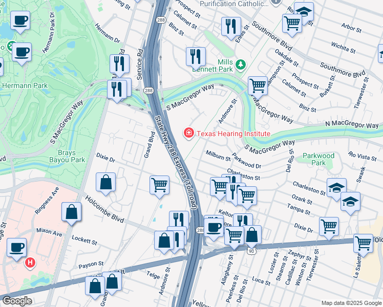 map of restaurants, bars, coffee shops, grocery stores, and more near 3100 Shenandoah Street in Houston