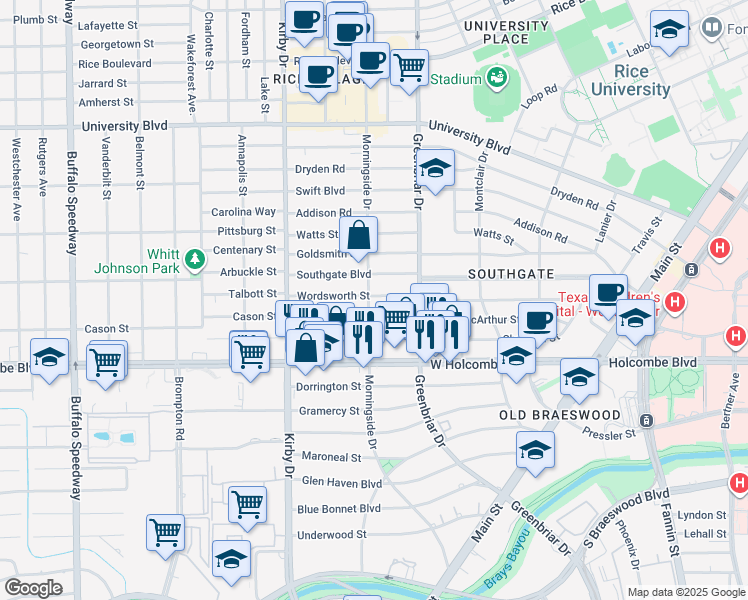 map of restaurants, bars, coffee shops, grocery stores, and more near 2404 Wordsworth Street in Houston