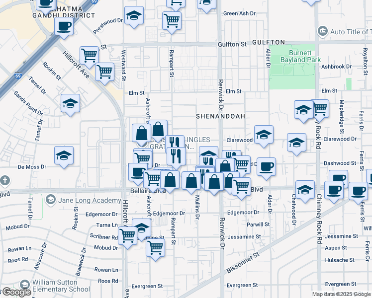 map of restaurants, bars, coffee shops, grocery stores, and more near 6003 Clarewood Drive in Houston