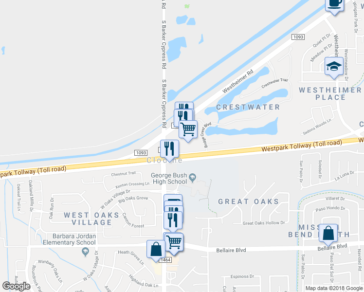 map of restaurants, bars, coffee shops, grocery stores, and more near 6425 Fm 1464 Rd in Richmond