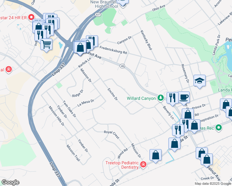 map of restaurants, bars, coffee shops, grocery stores, and more near 795 Laurel Lane in New Braunfels