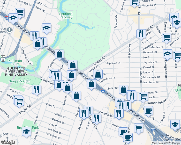 map of restaurants, bars, coffee shops, grocery stores, and more near 6427 Myrtle Street in Houston