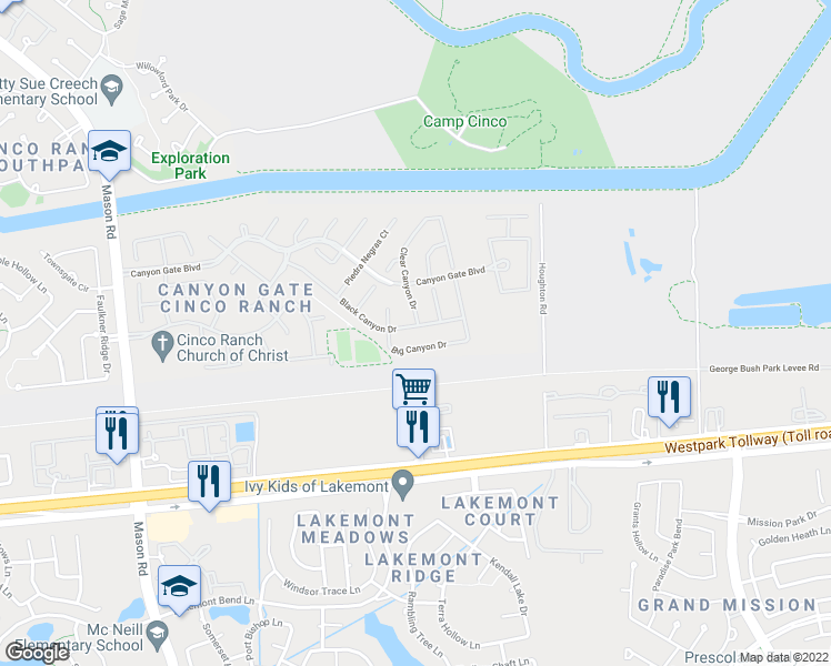 map of restaurants, bars, coffee shops, grocery stores, and more near 19911 Black Canyon Drive in Katy
