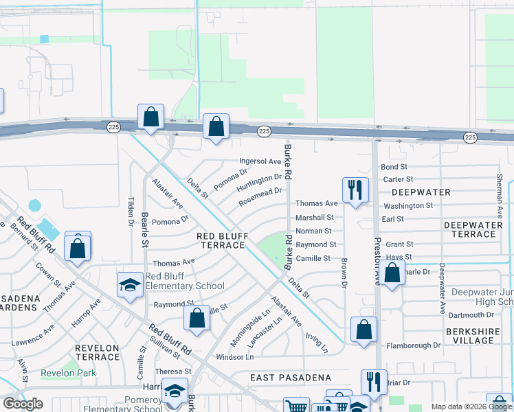 map of restaurants, bars, coffee shops, grocery stores, and more near 2601 Thomas Avenue in Pasadena