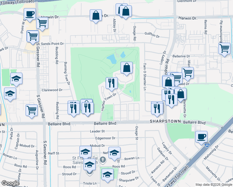 map of restaurants, bars, coffee shops, grocery stores, and more near 6555 Harbor Town Drive in Houston