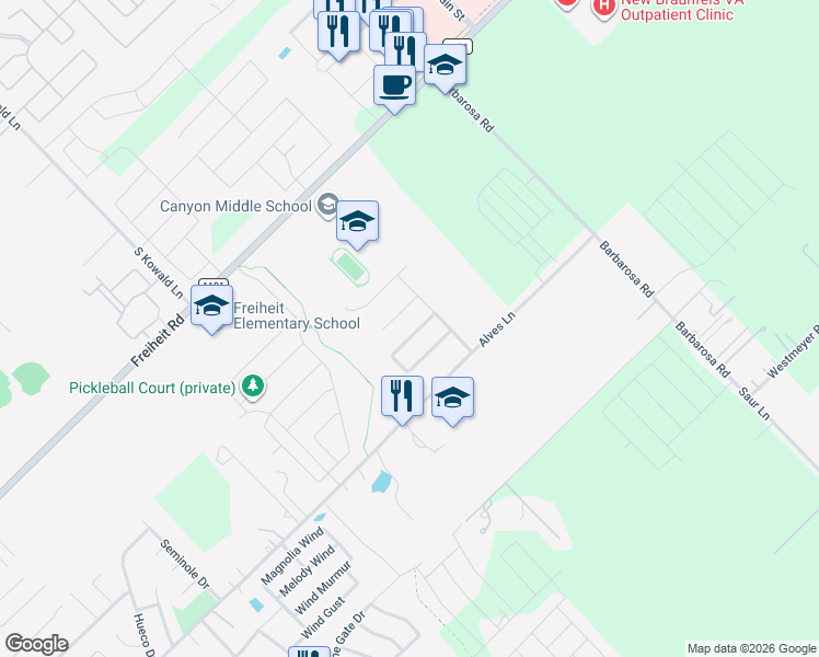 map of restaurants, bars, coffee shops, grocery stores, and more near 534 Creekside Forest in New Braunfels