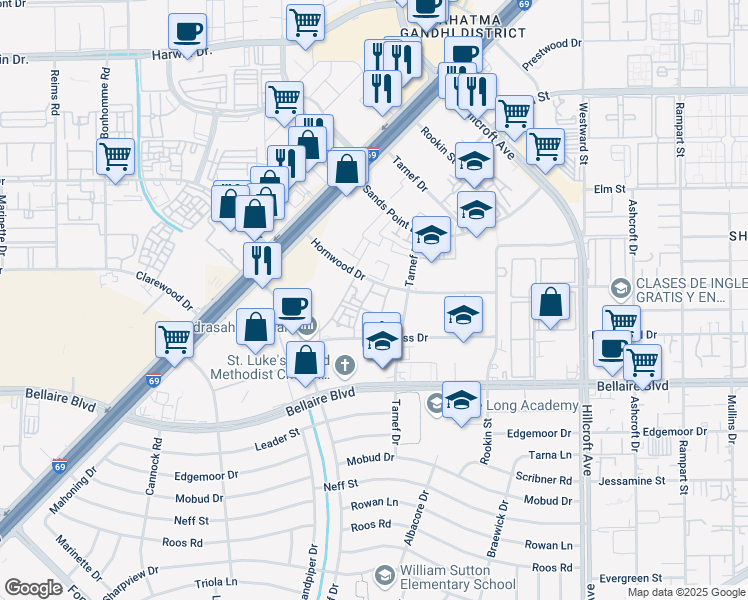 map of restaurants, bars, coffee shops, grocery stores, and more near 277 Hornwood Drive in Houston